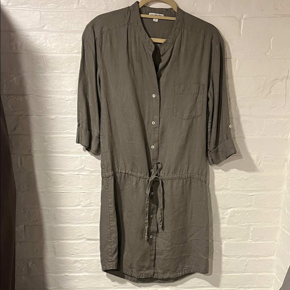 James Perse Khaki Mid Sleeve Dress Linen Sz Medium